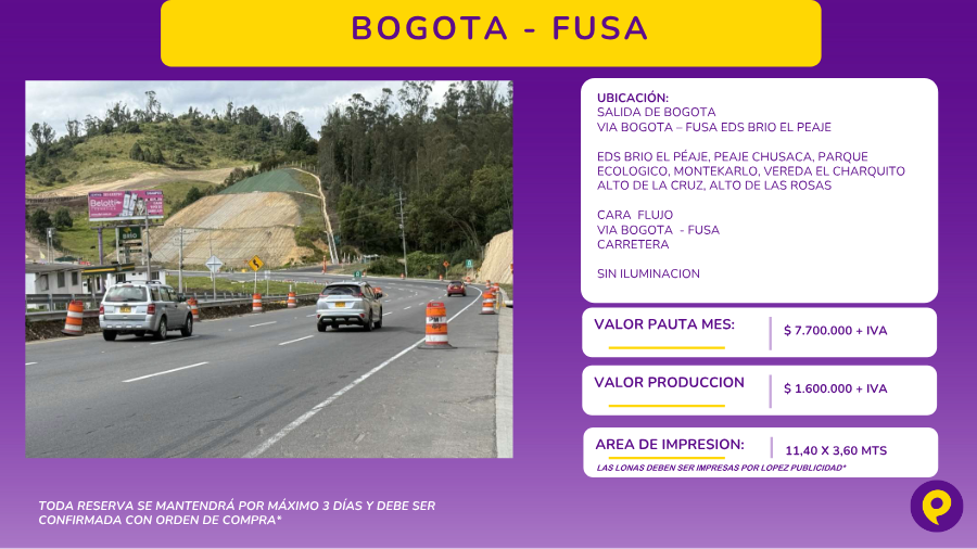 Valla en salida de Bogotá hacia Fusa