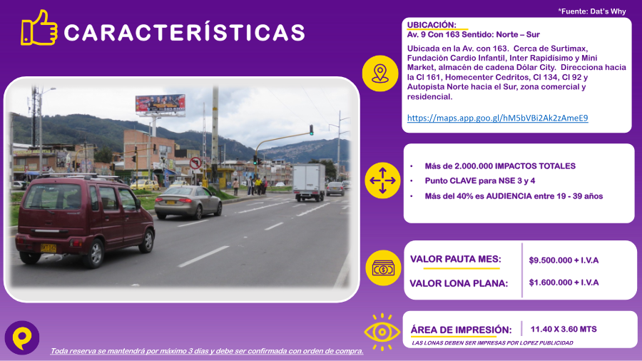 Valla Unipolar en Av. 9 con 163, Sentido Norte-Sur