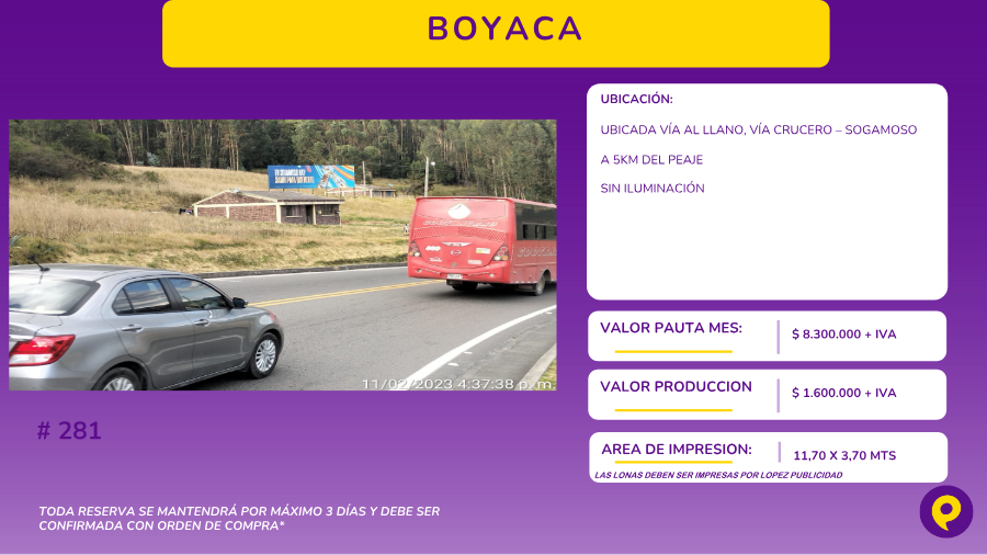 Valla en Vía al Llano - Boyacá