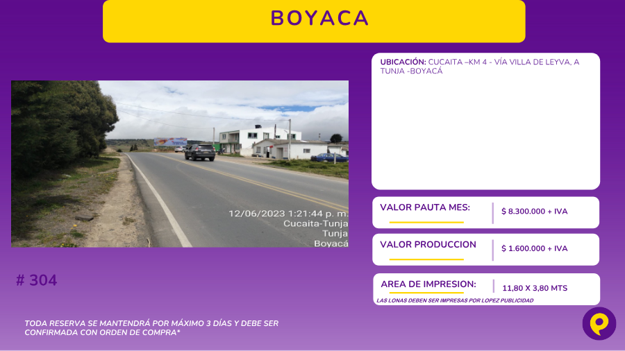 Valla #304 en Tunja, Boyacá