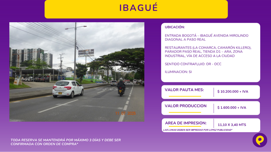 Valla en Ibagué - Avenida Mirolindo