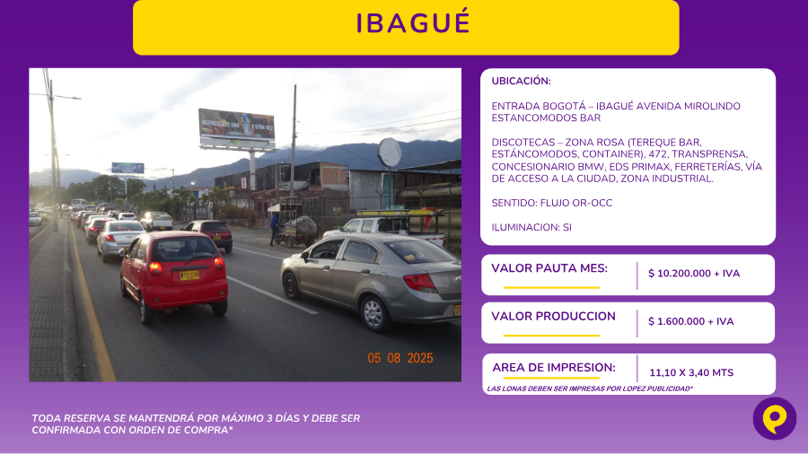 Valla en Ibagué Avenida Mirolindo