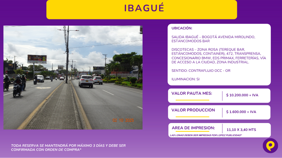 Valla publicitaria Ibagué Avenida Mirolindo