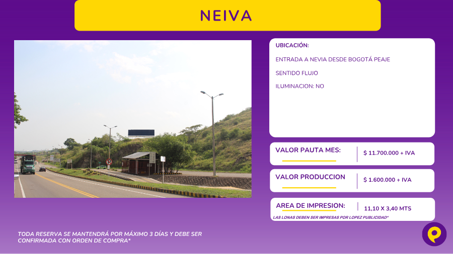 Valla en Entrada a Neiva desde Bogotá