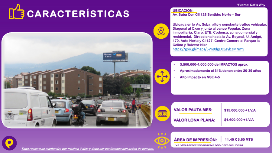 Valla en Av. Suba con Cll 128 Sentido Norte-Sur