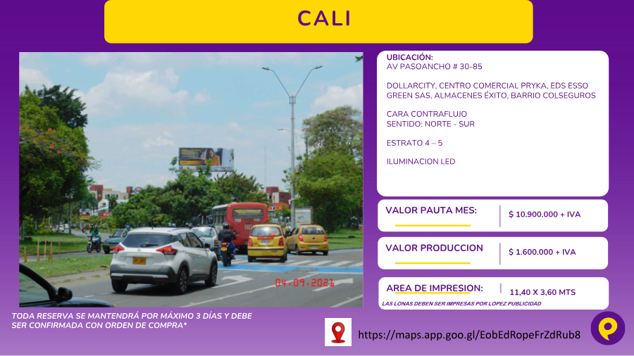 Valla LED sobre Av Pasoancho # 30-85, Cali