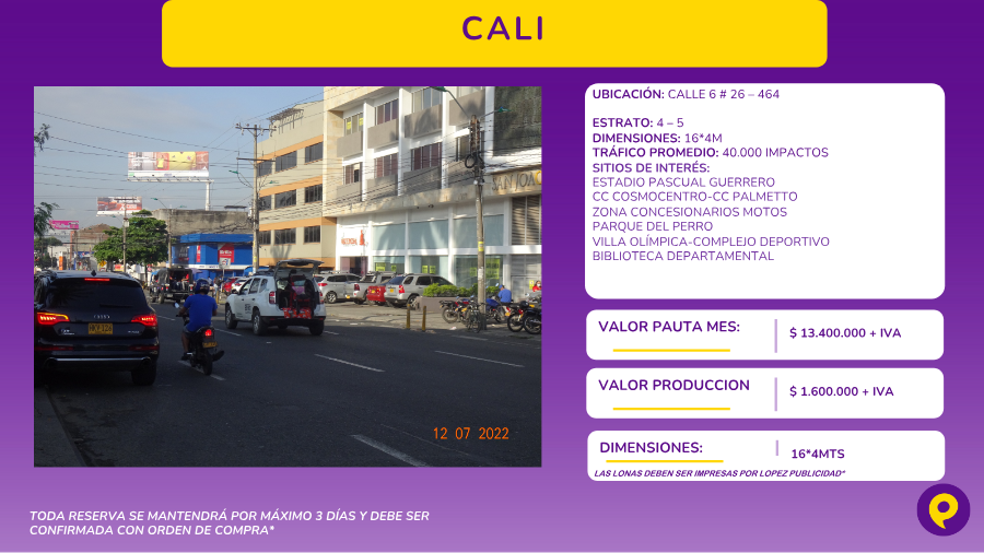 Valla Calle 6 # 26 – 464 en Cali