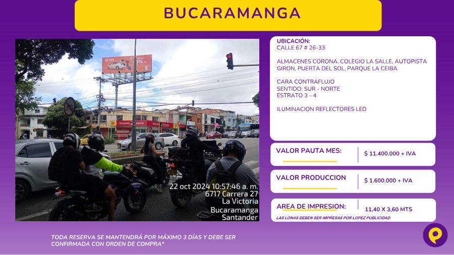 Valla Publicitaria Calle 67 #26-33 Bucaramanga